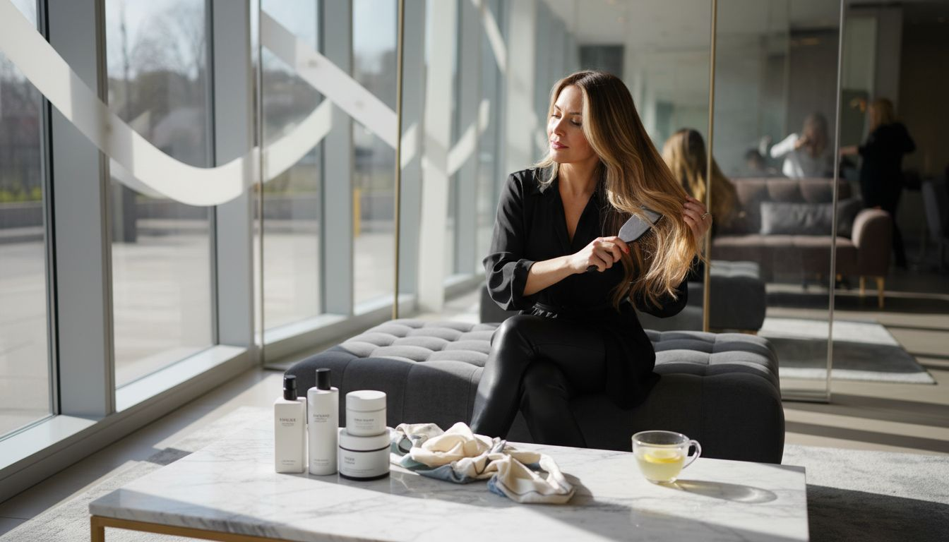 Woman brushing hair in luxury salon