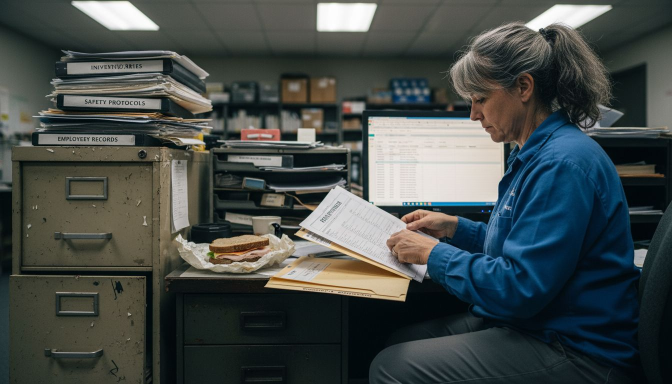 Warehouse manager organizing forklift training records