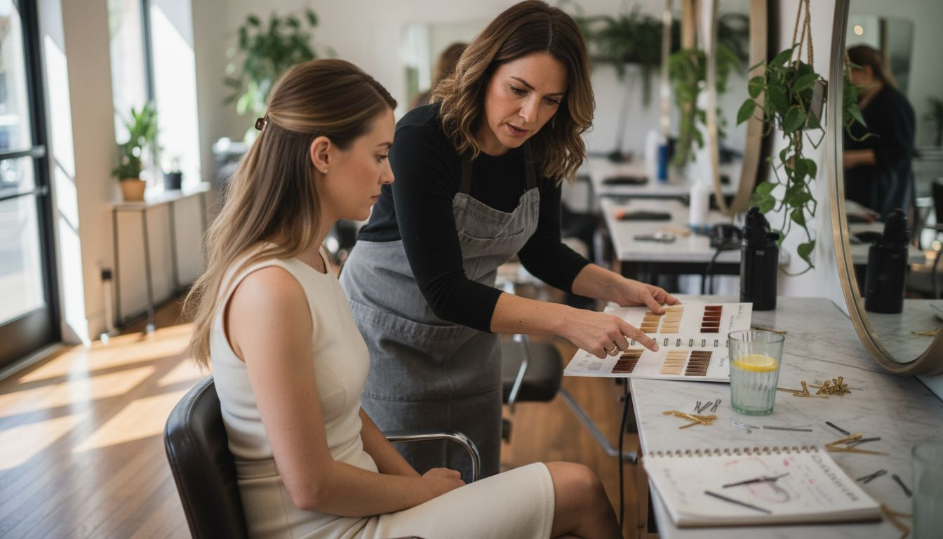 Stylist reviewing hair color swatches with client