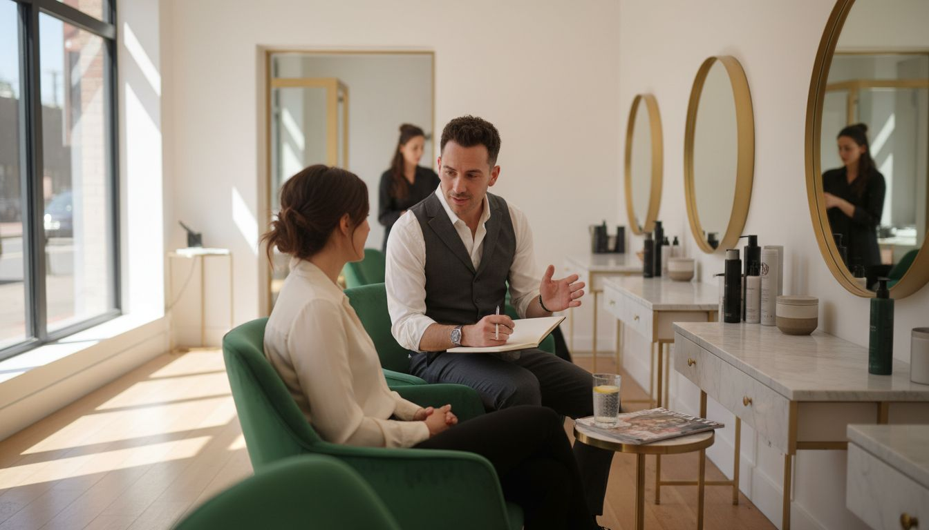 Salon client in upscale hair consultation