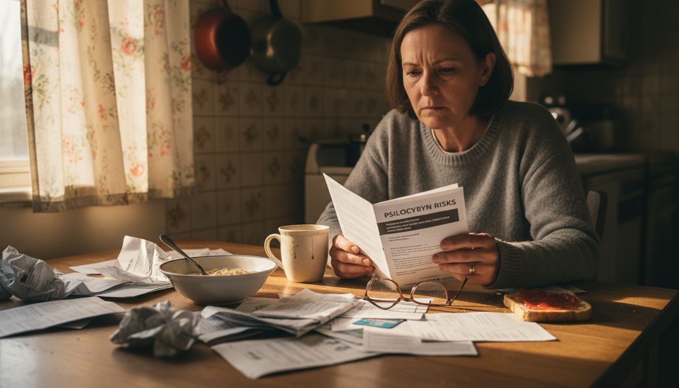 Woman studying psilocybin risk information