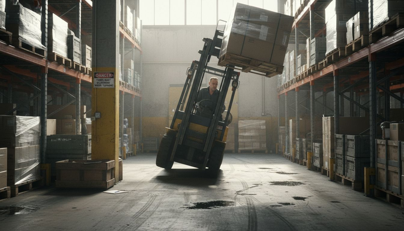 Forklift turning sharply in humid warehouse aisle