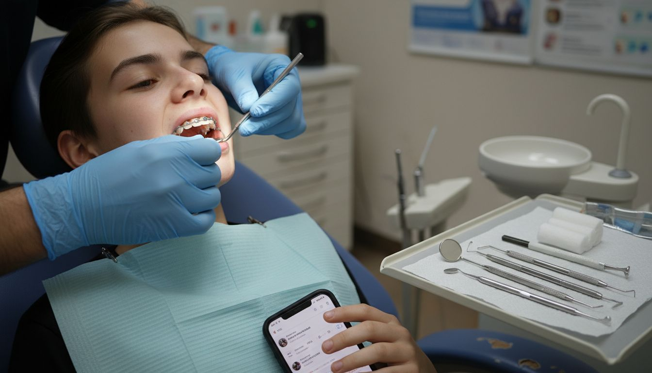 Orthodontist checking teen fixed retainer