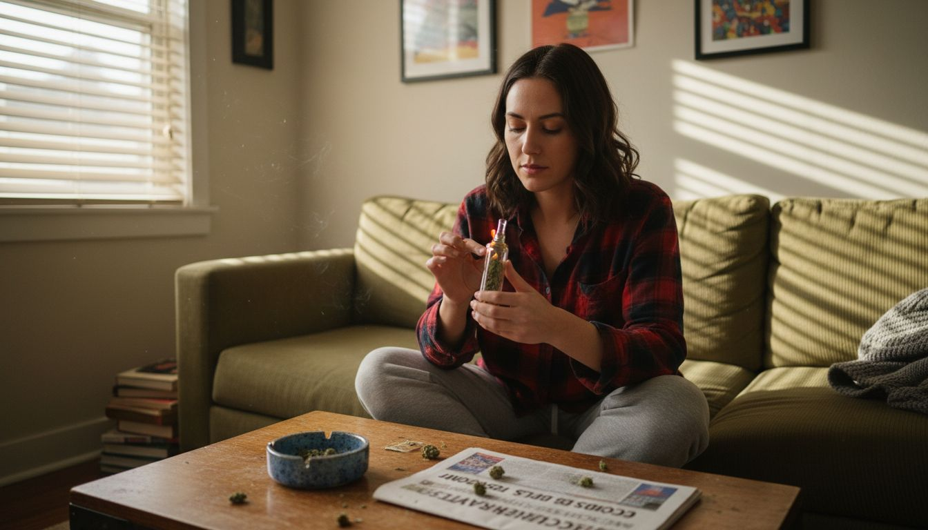 Woman vaping CBD flower on corduroy sofa