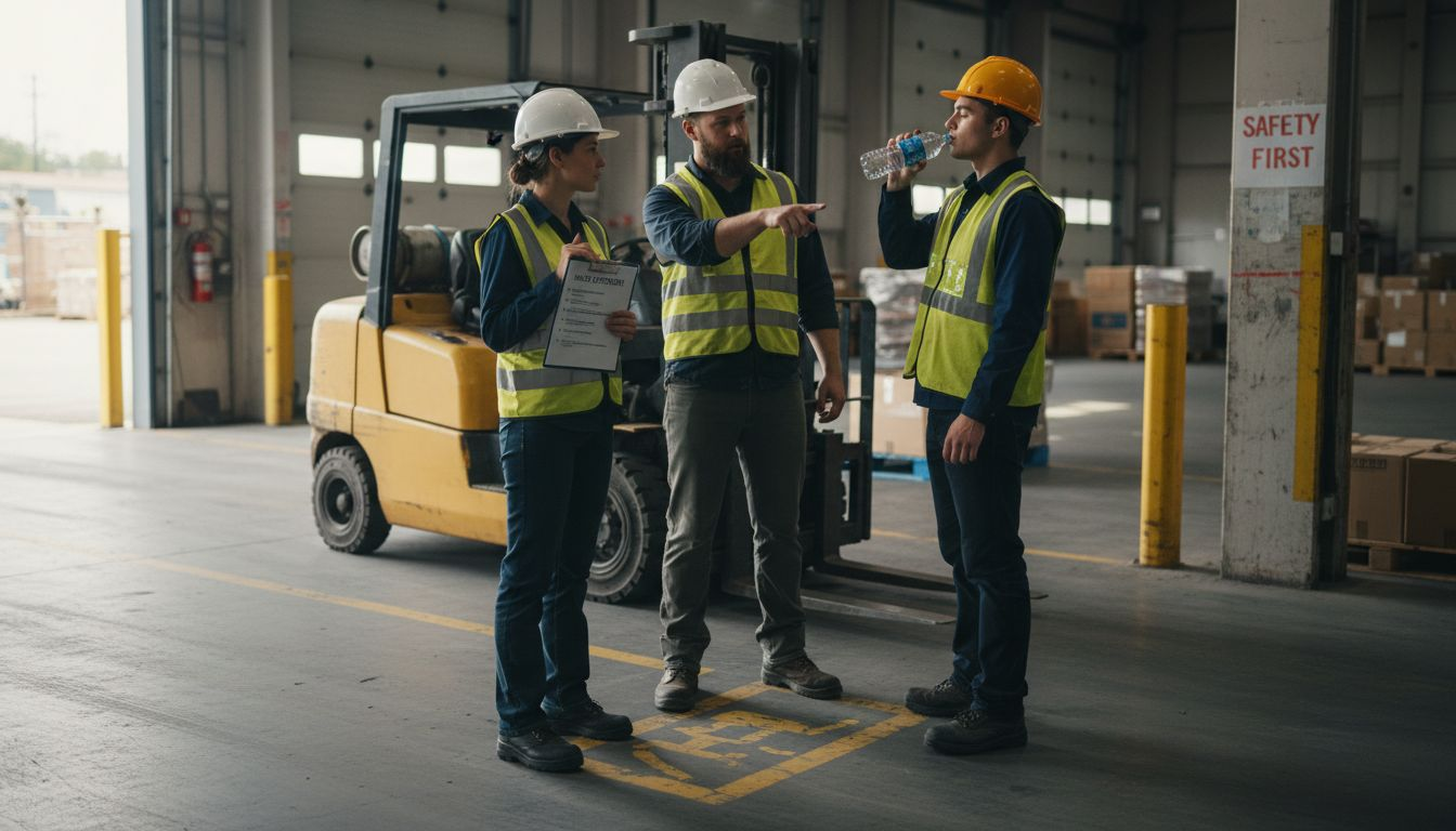 Team discussing forklift safety procedures
