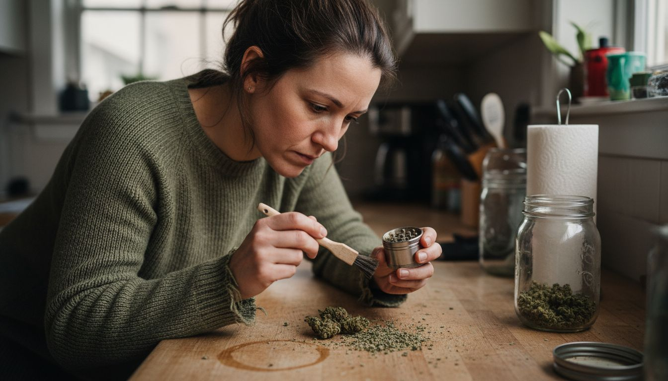 Woman preparing cannabis and cleaning tools