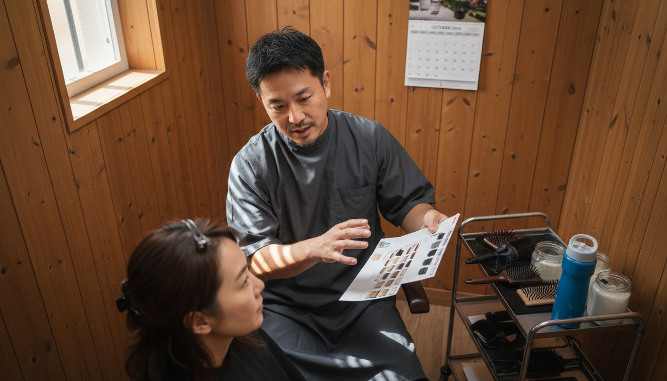 Stylist and client reviewing color swatches