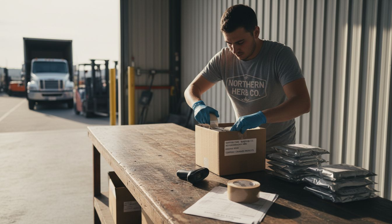 Worker packs cannabis for regulated shipment