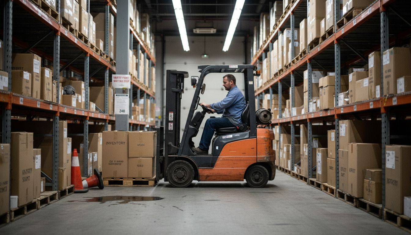 Forklift operator stacking pallets in aisle