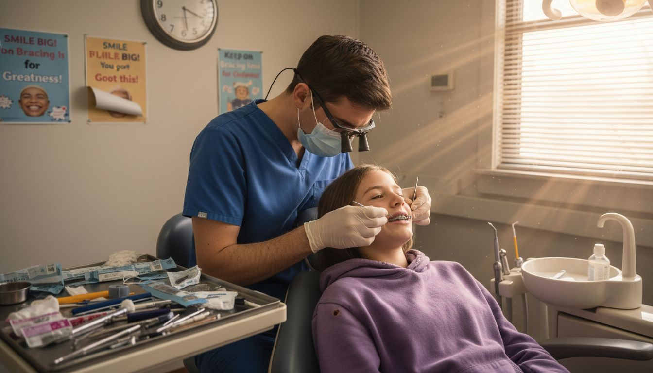 Orthodontist adjusting kid’s braces in clinic