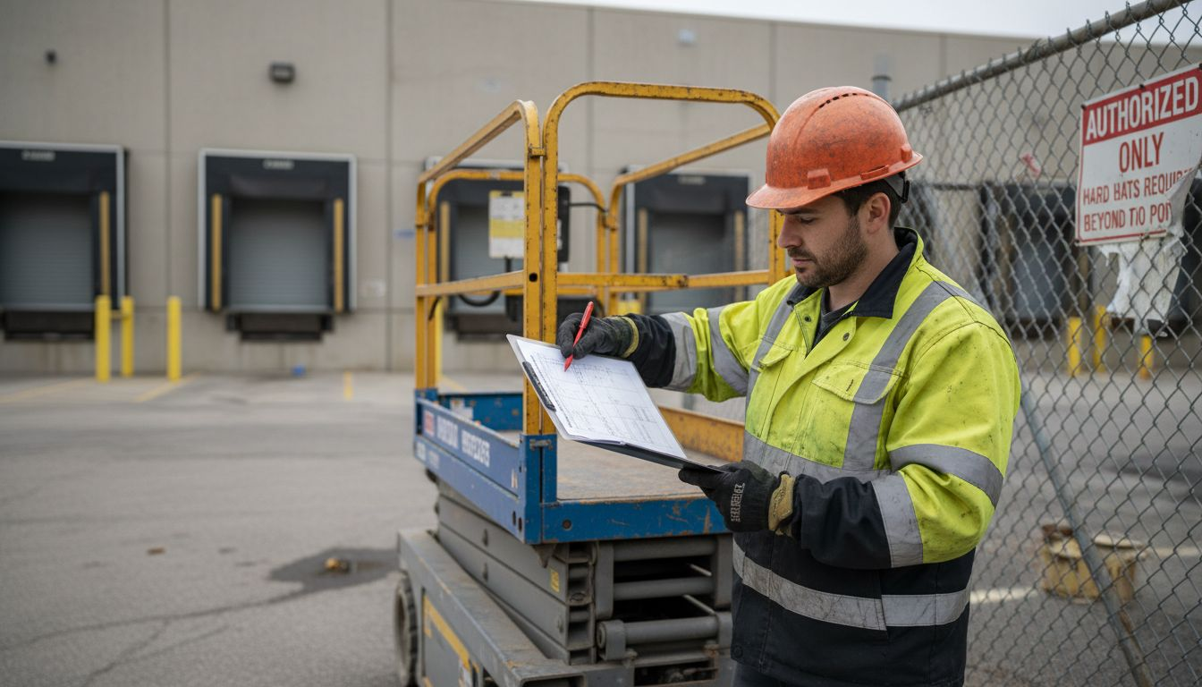Operator inspecting scissor lift for hazards