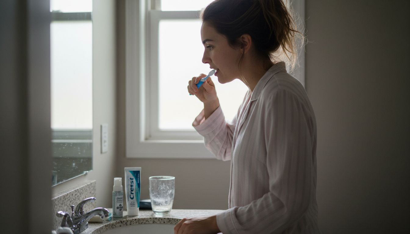 Woman brushing teeth to prevent dry mouth