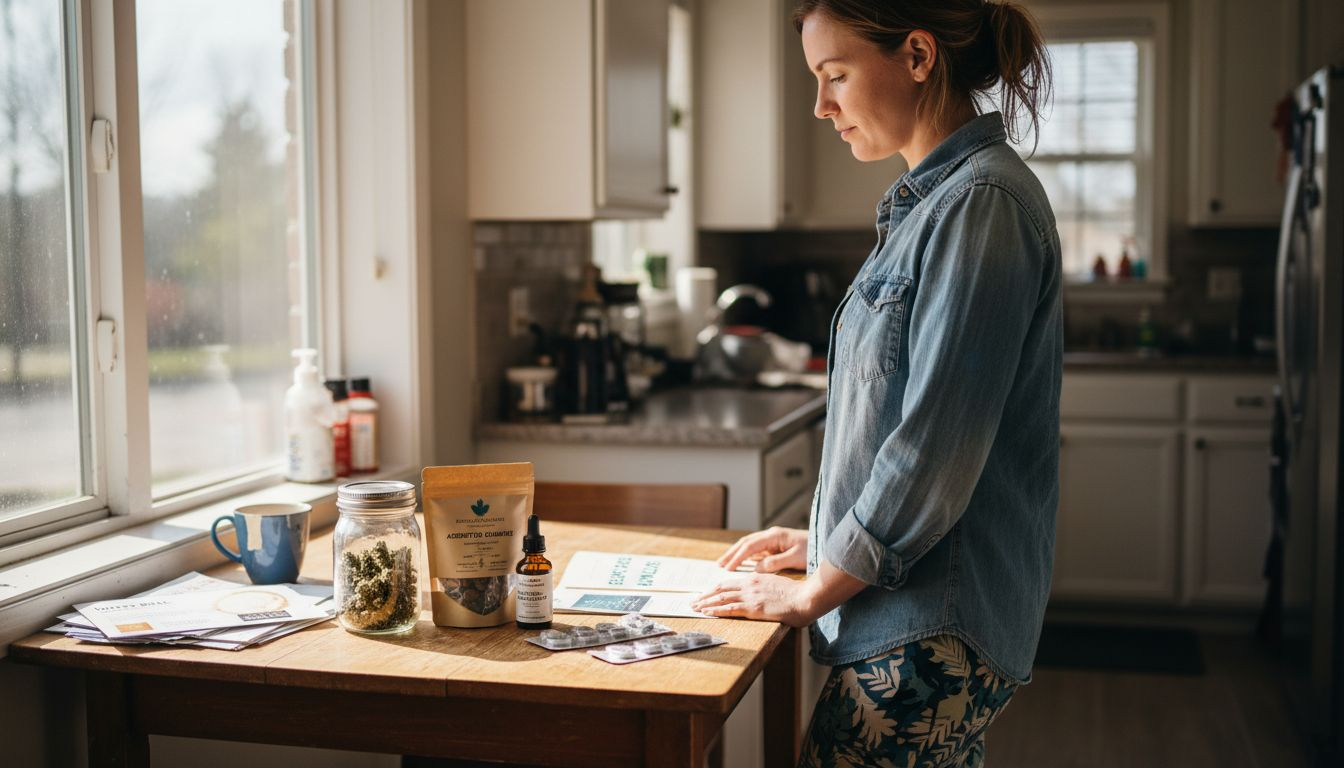 Woman comparing cannabis product types at table