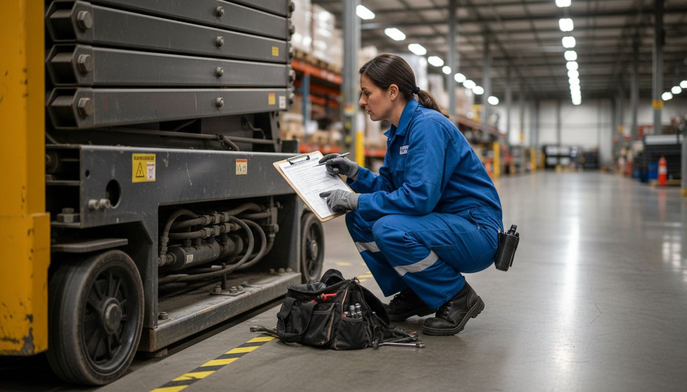 Technician inspecting scissor lift in warehouse