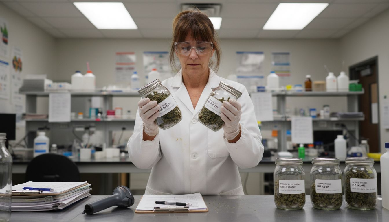 Technician inspecting cannabis samples for safety