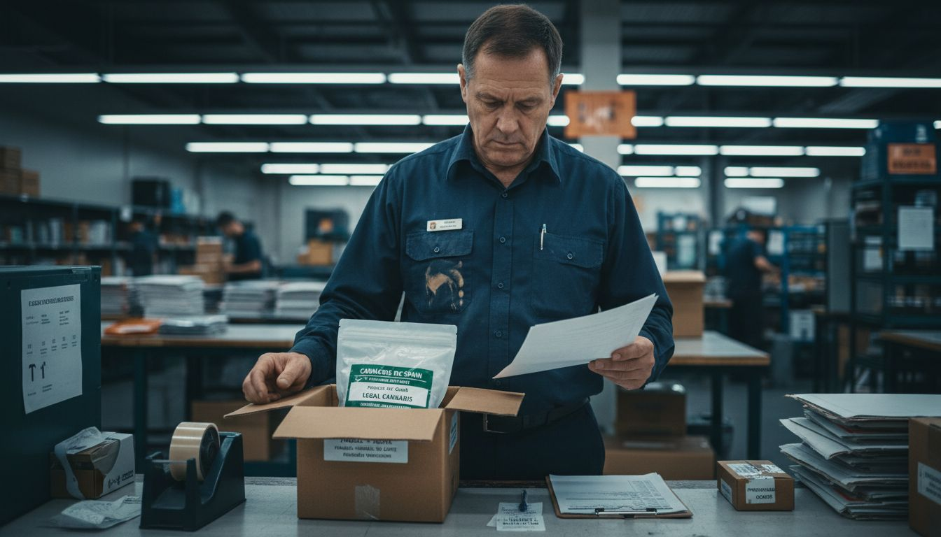 Postal worker verifying cannabis delivery package