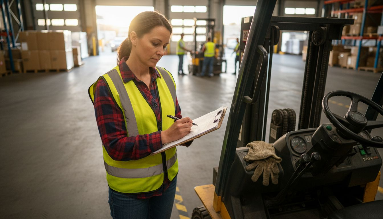 Operator reviewing forklift safety checklist