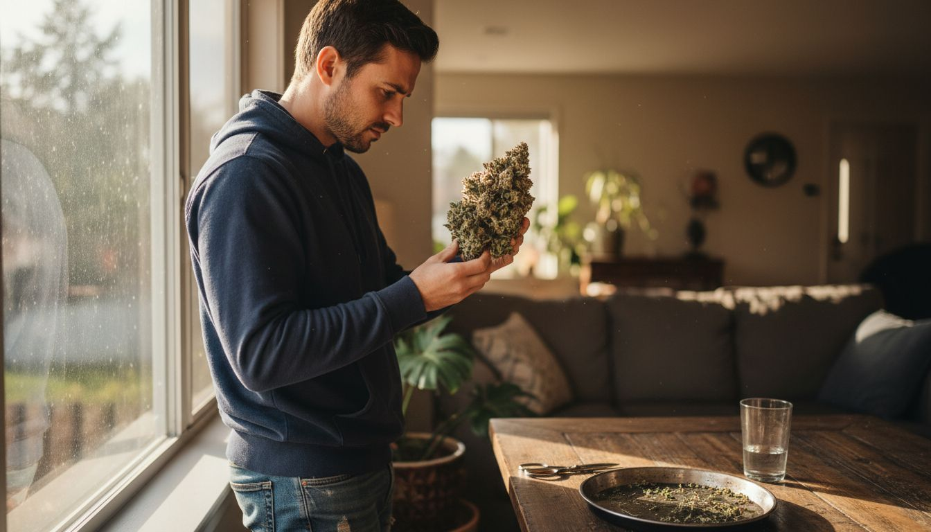 Man inspecting cannabis bud by daylight window