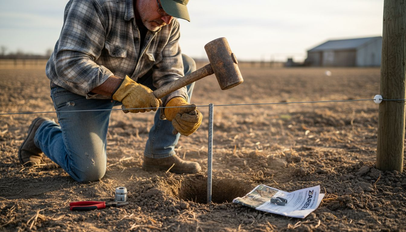 Farmer drives rod for electric fence installation