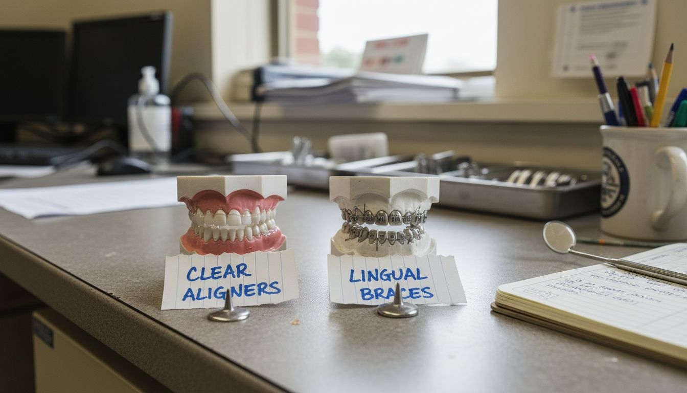 Dental models showing aligners and lingual braces