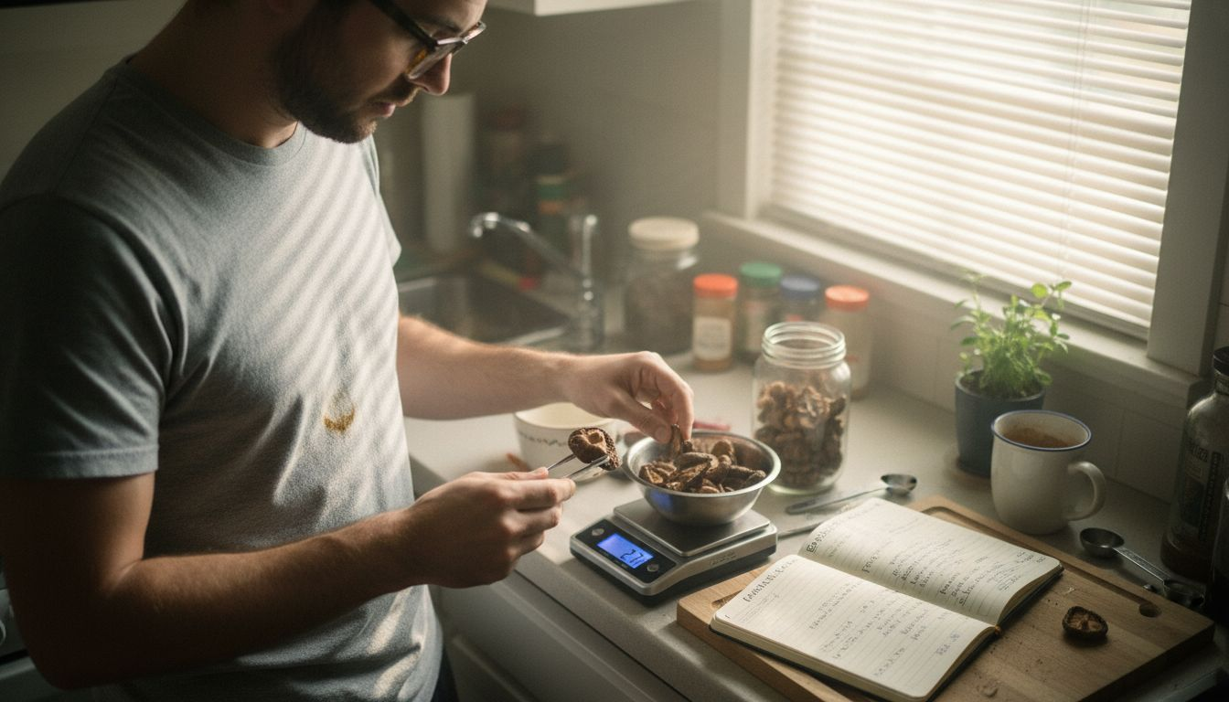Man weighing microdose beside open journal