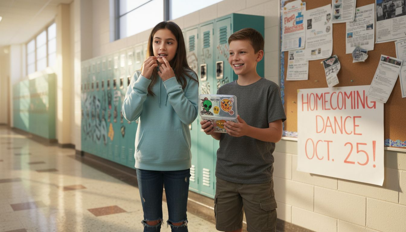 Kids with ceramic braces and clear aligners talking