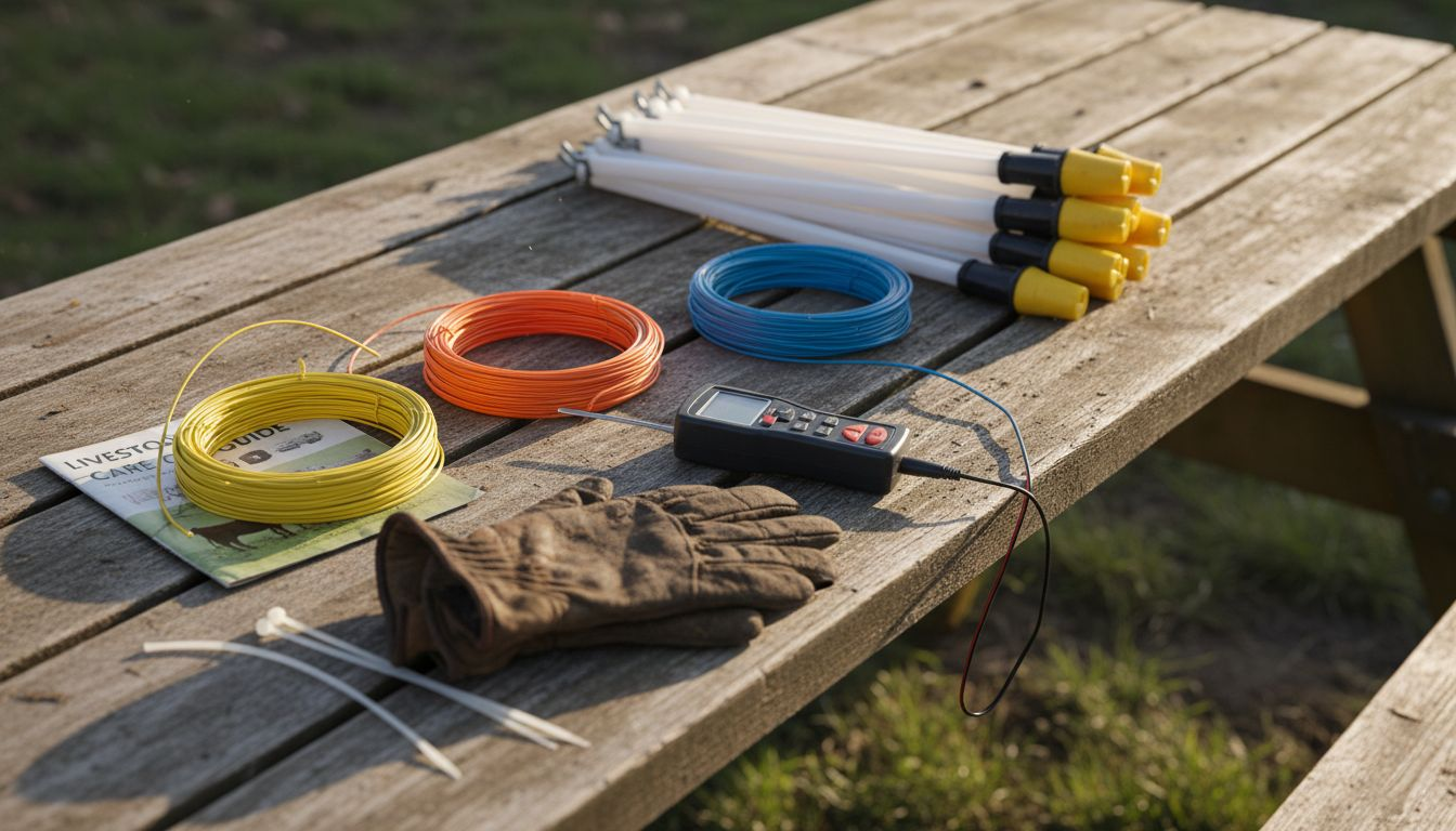 Temporary electric fence materials spread on table