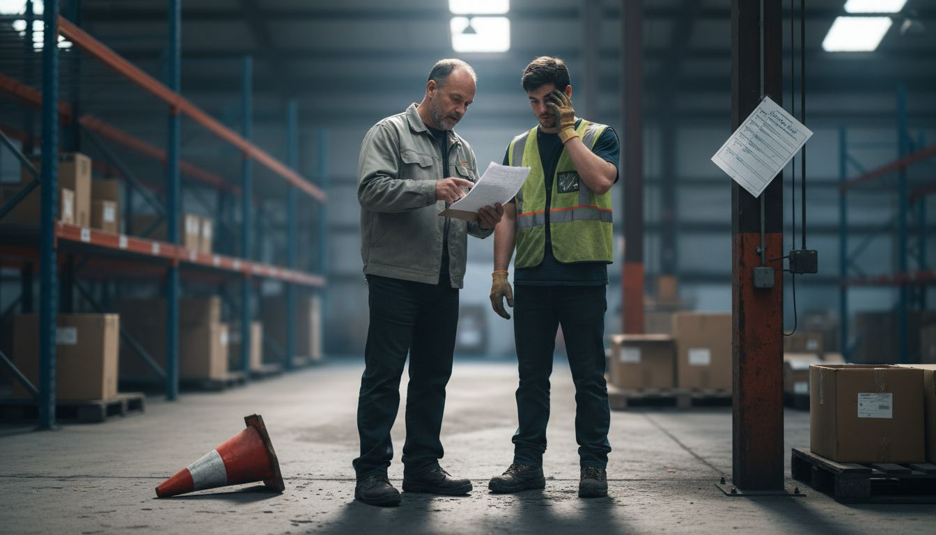 Supervisor reviews forklift safety with tired operator