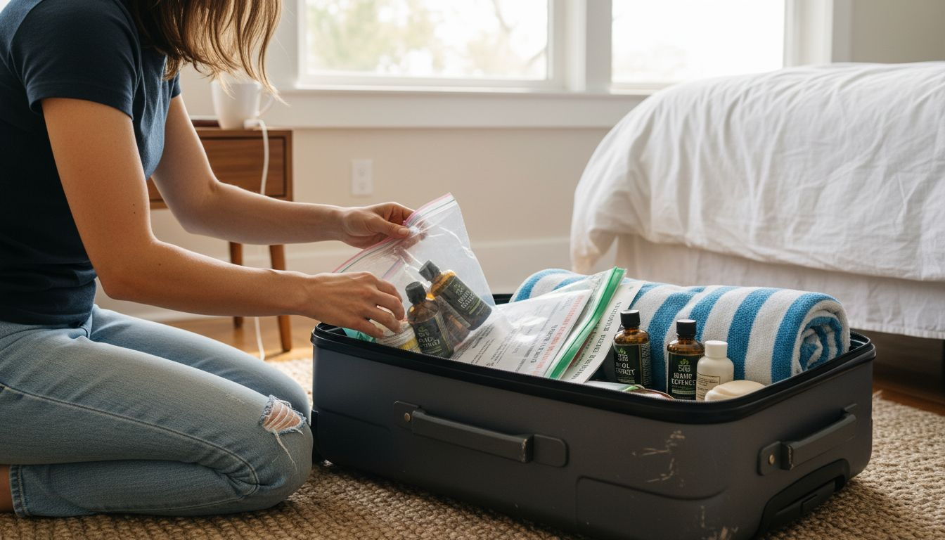 Woman packing hemp products for travel securely