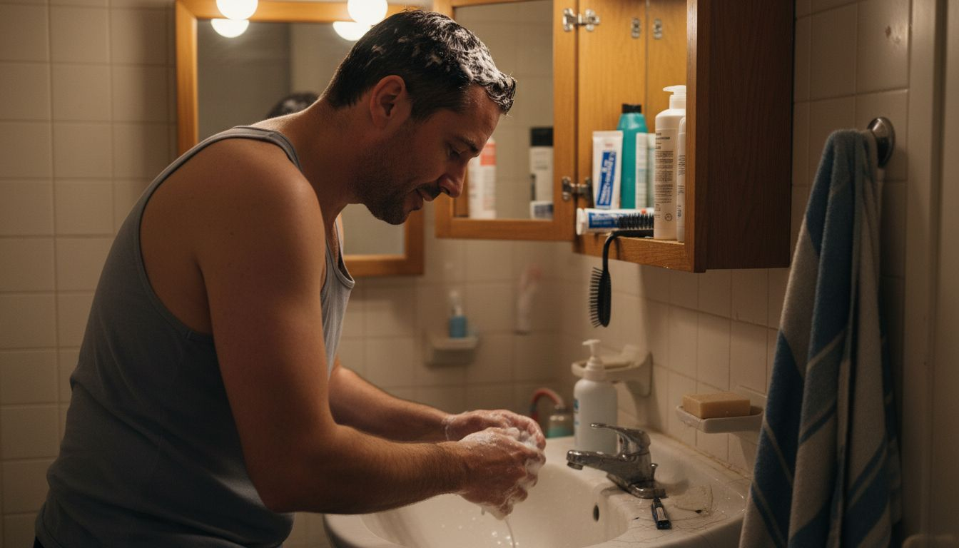 Man massaging shampoo into hair at sink