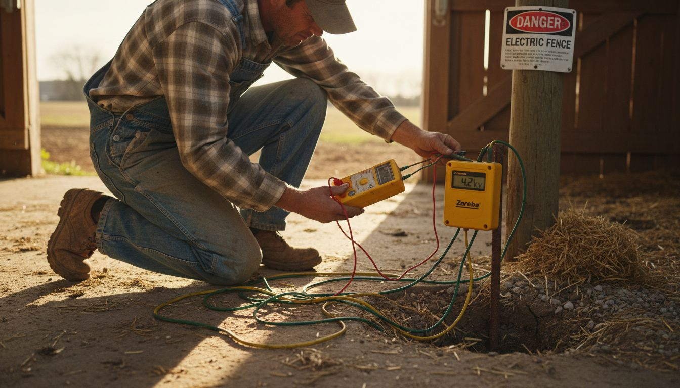 Worker testing electric fence ground rod voltage
