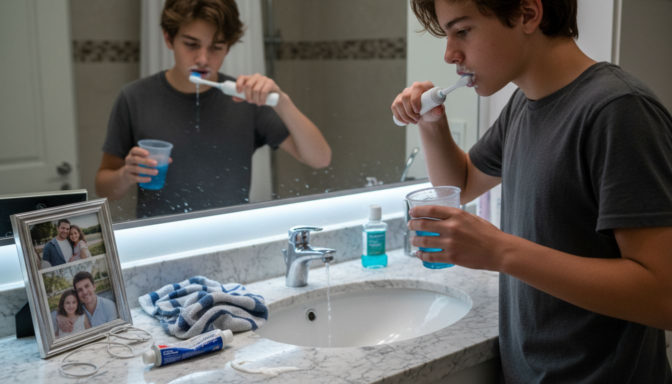 Teen brushes teeth at sink before bed