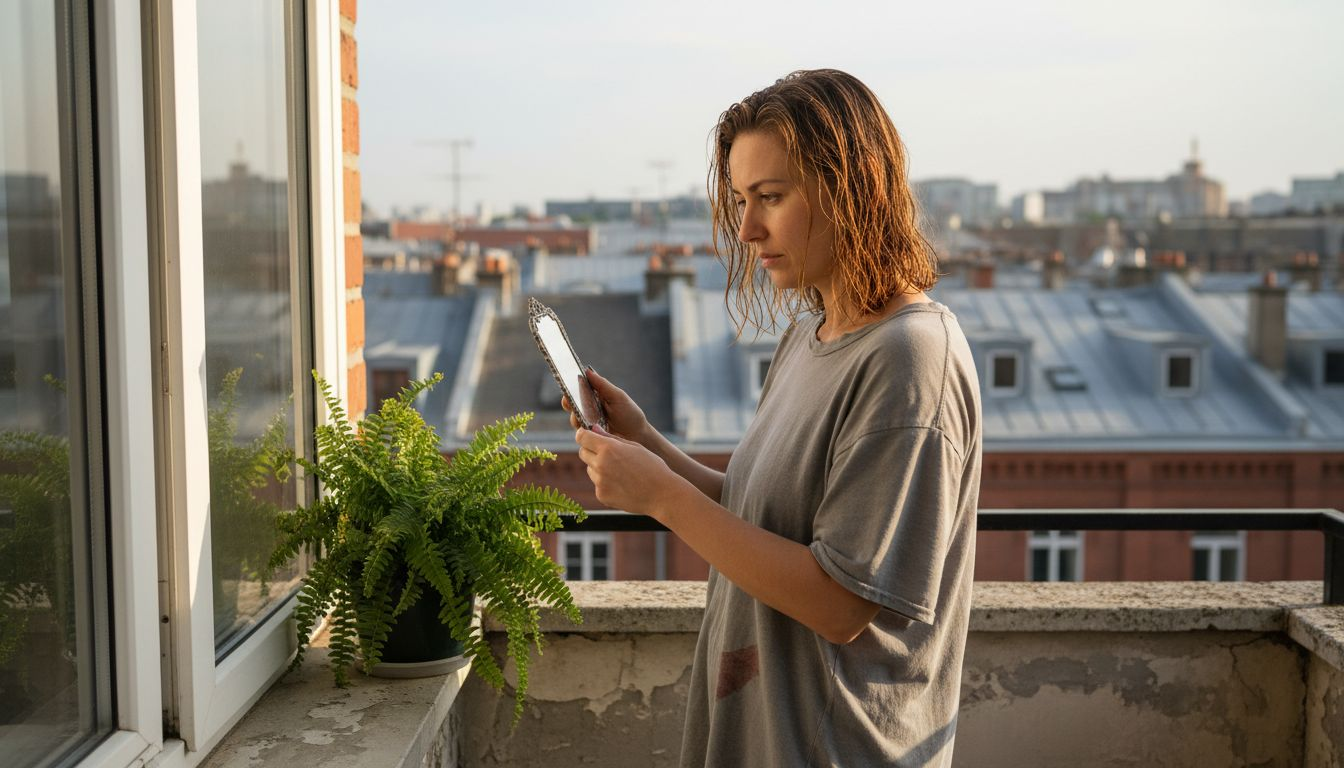 Woman examining hair for brassiness on balcony