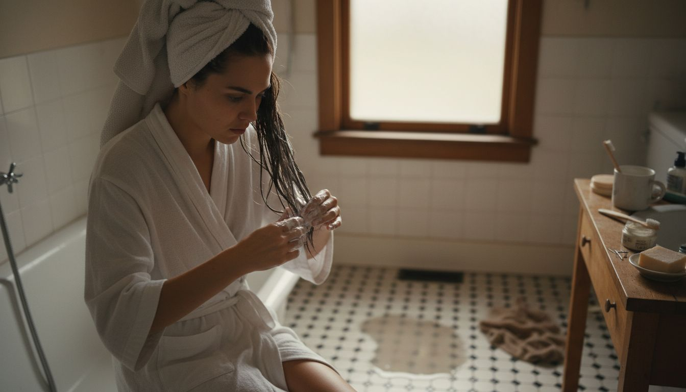 Applying deep conditioner in vintage bathroom