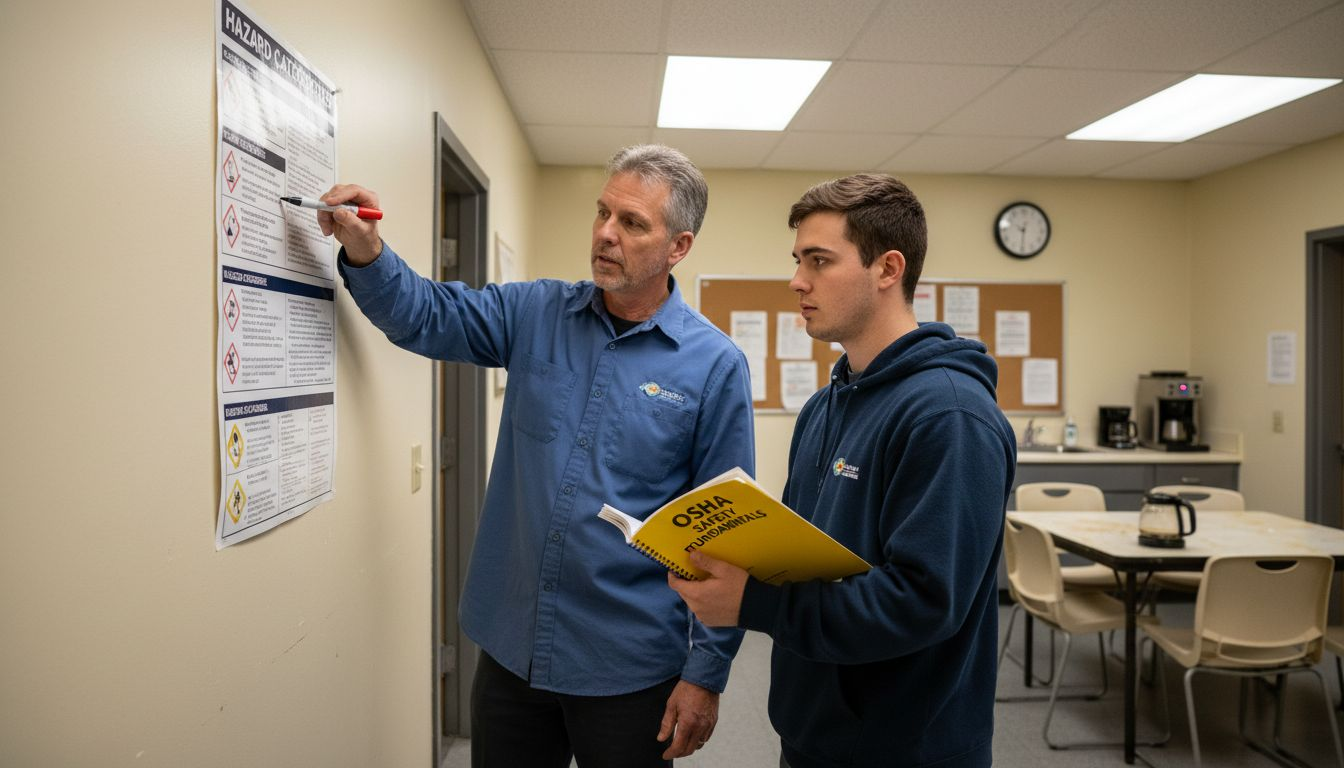 Supervisor training worker with OSHA chart poster