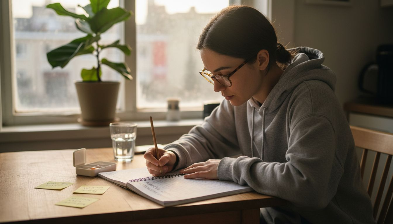 Woman tracking microdosing routine at home table