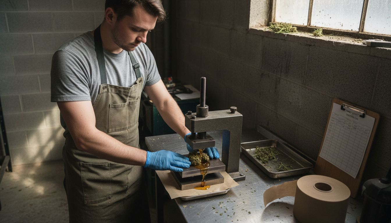 Person using mechanical press for cannabis resin