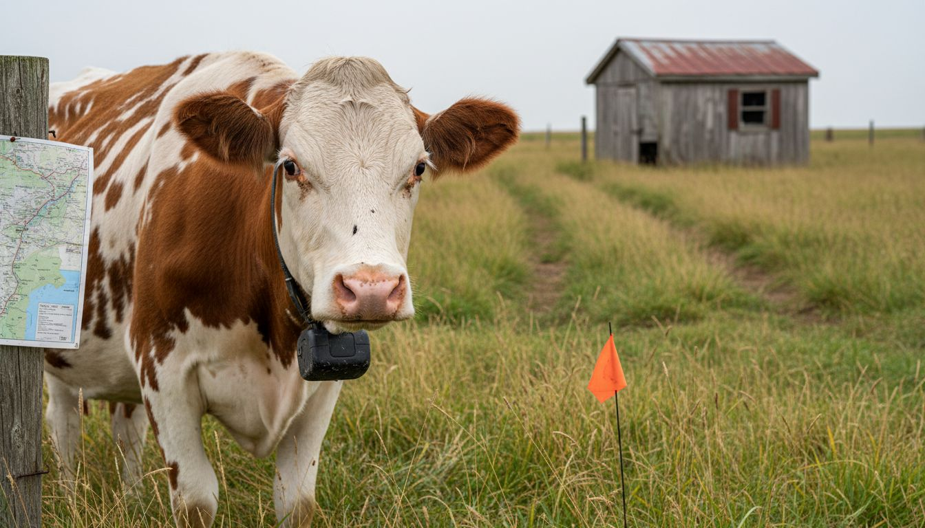 Cow wearing GPS collar by pasture flag