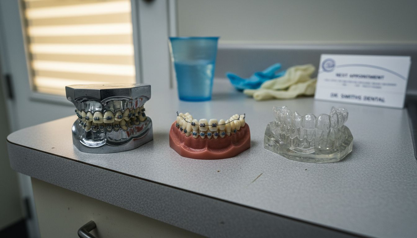 Dental models displaying different types of braces