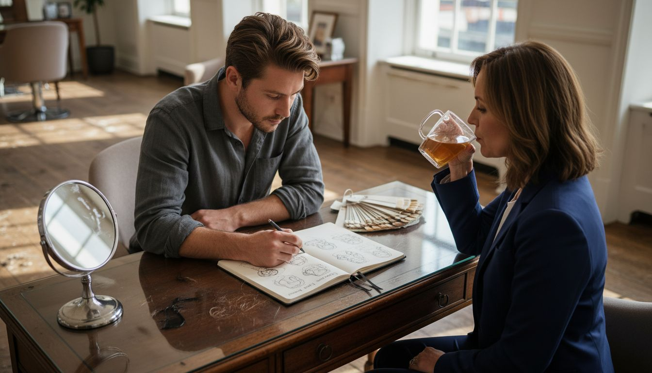 Stylist and client in detailed consultation