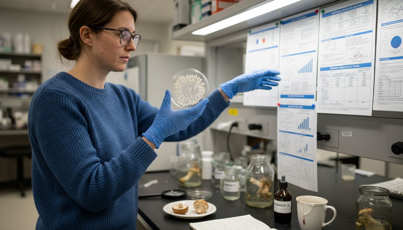 Scientist inspecting psilocybin mushroom strains in lab