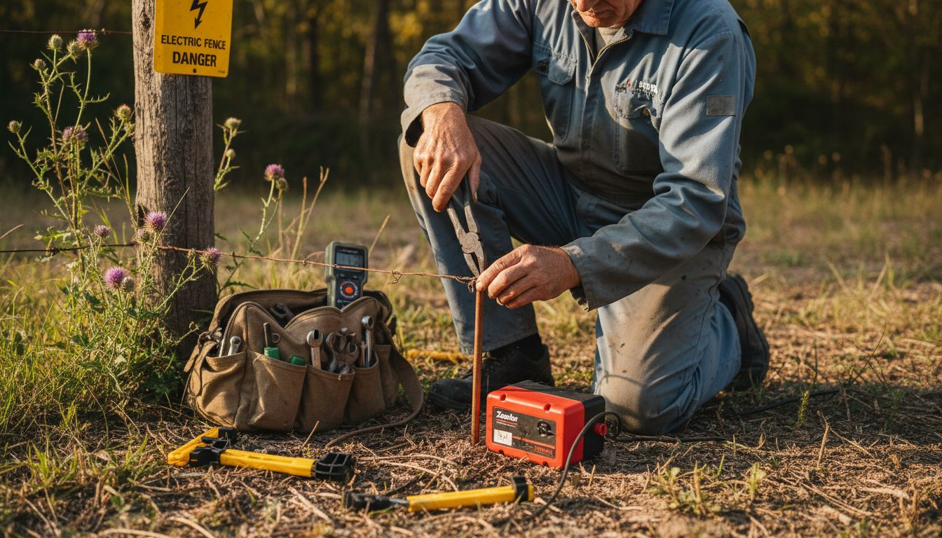 Technician testing electric fence for livestock safety