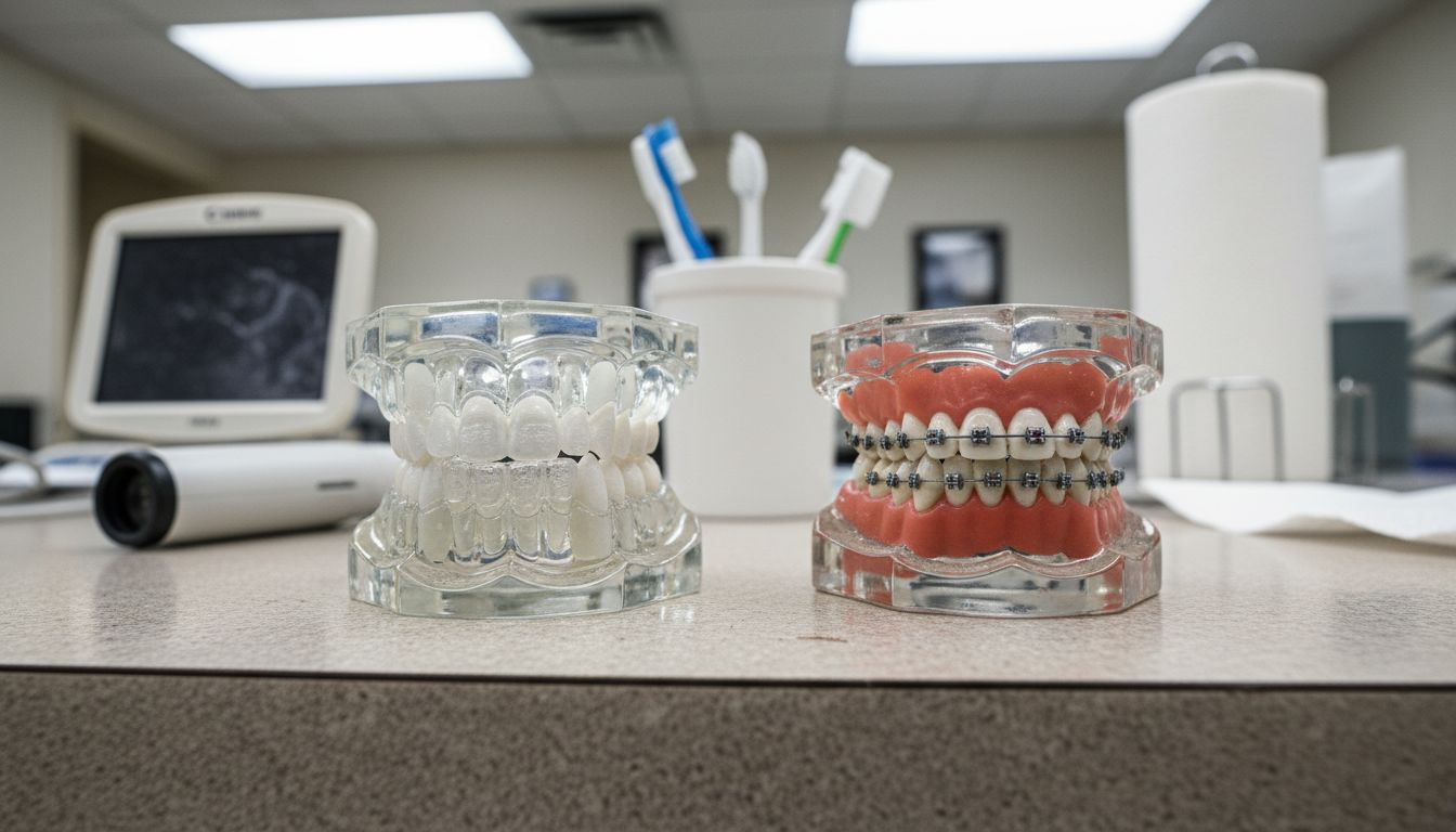 Dental models showing Invisalign and braces comparison
