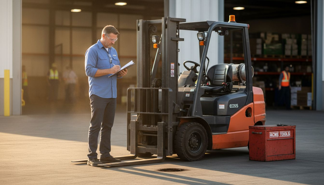 Safety coordinator reviewing forklift inspection checklist
