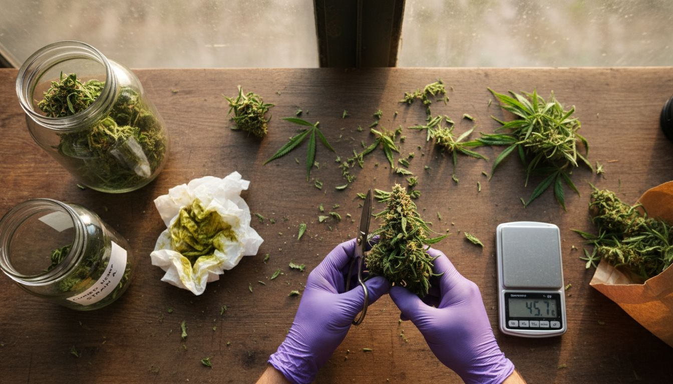 Gloved hands trimming hemp flower close up