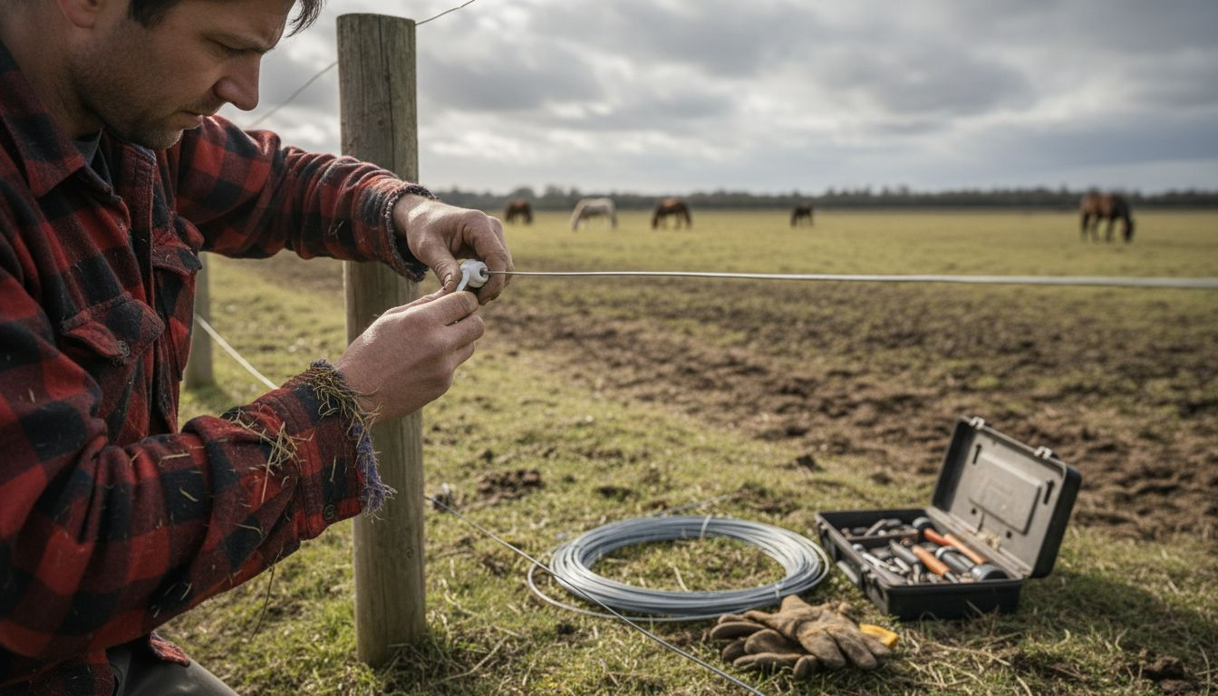 Worker installing electric fence in pasture