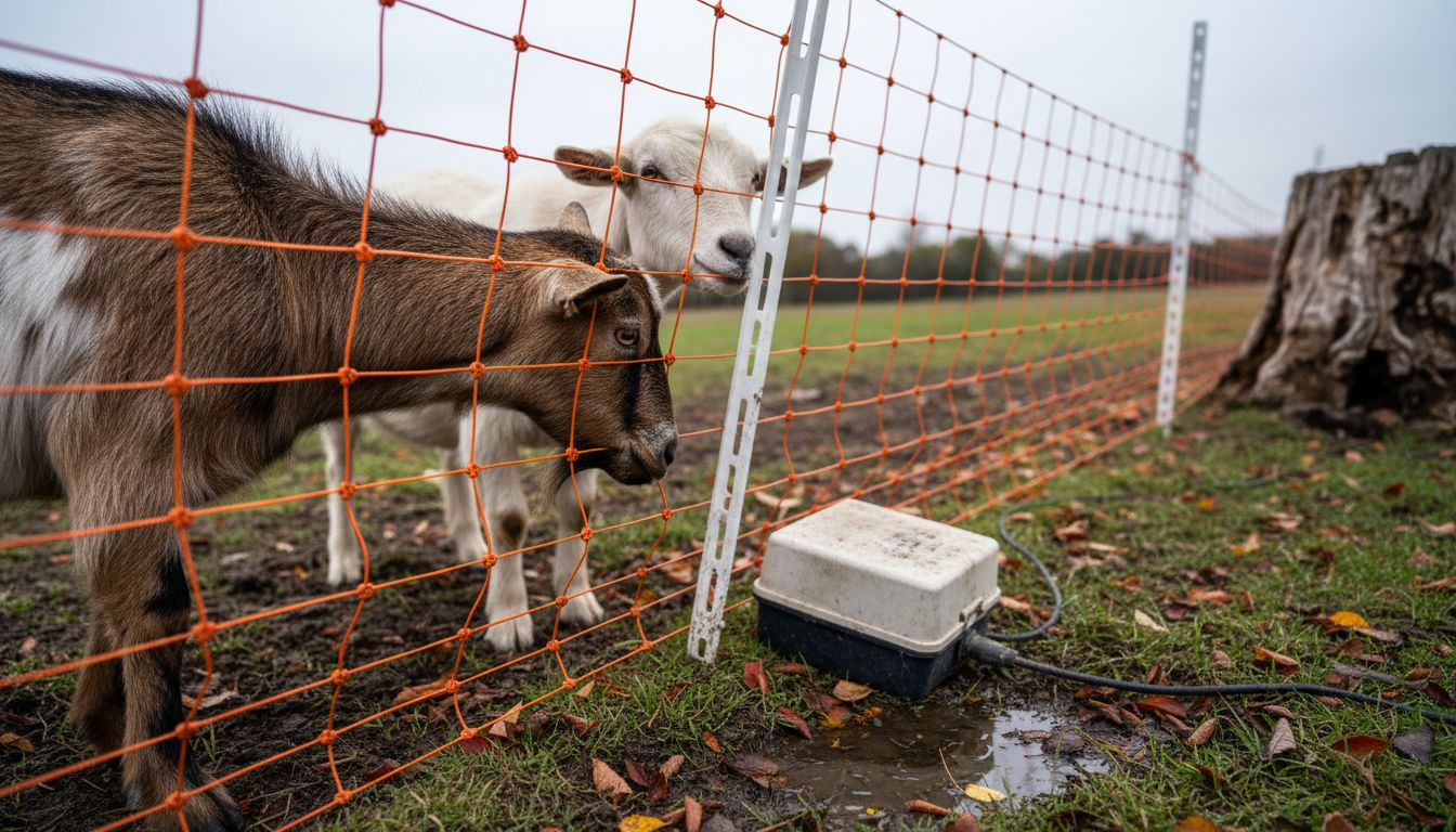 Goats near electric fence netting closeup