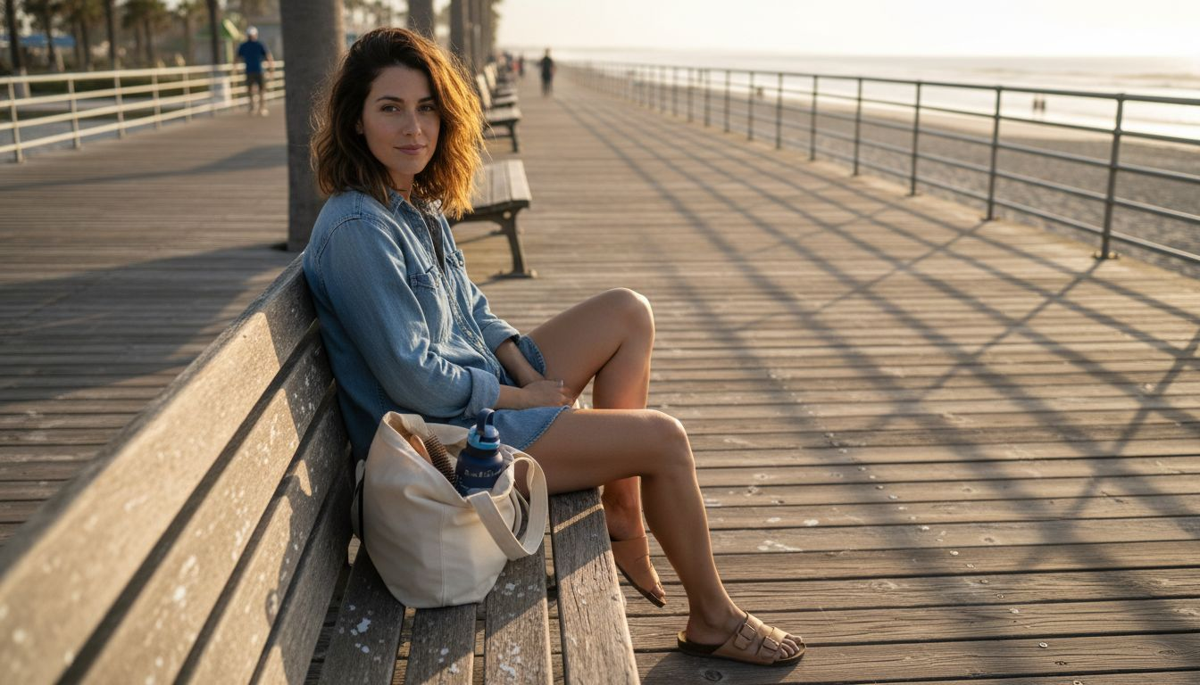 Woman with beach waves on seaside bench