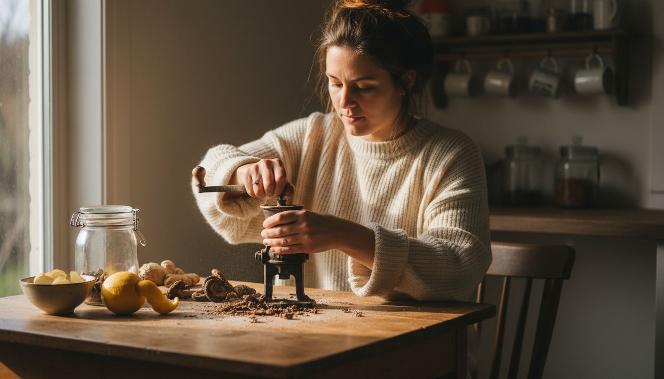 Grinding mushrooms and preparing tea ingredients