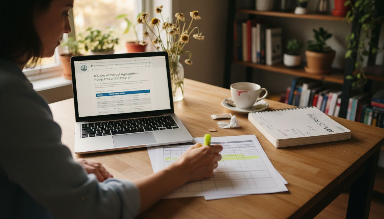 Business owner reviews state hemp regulations at home